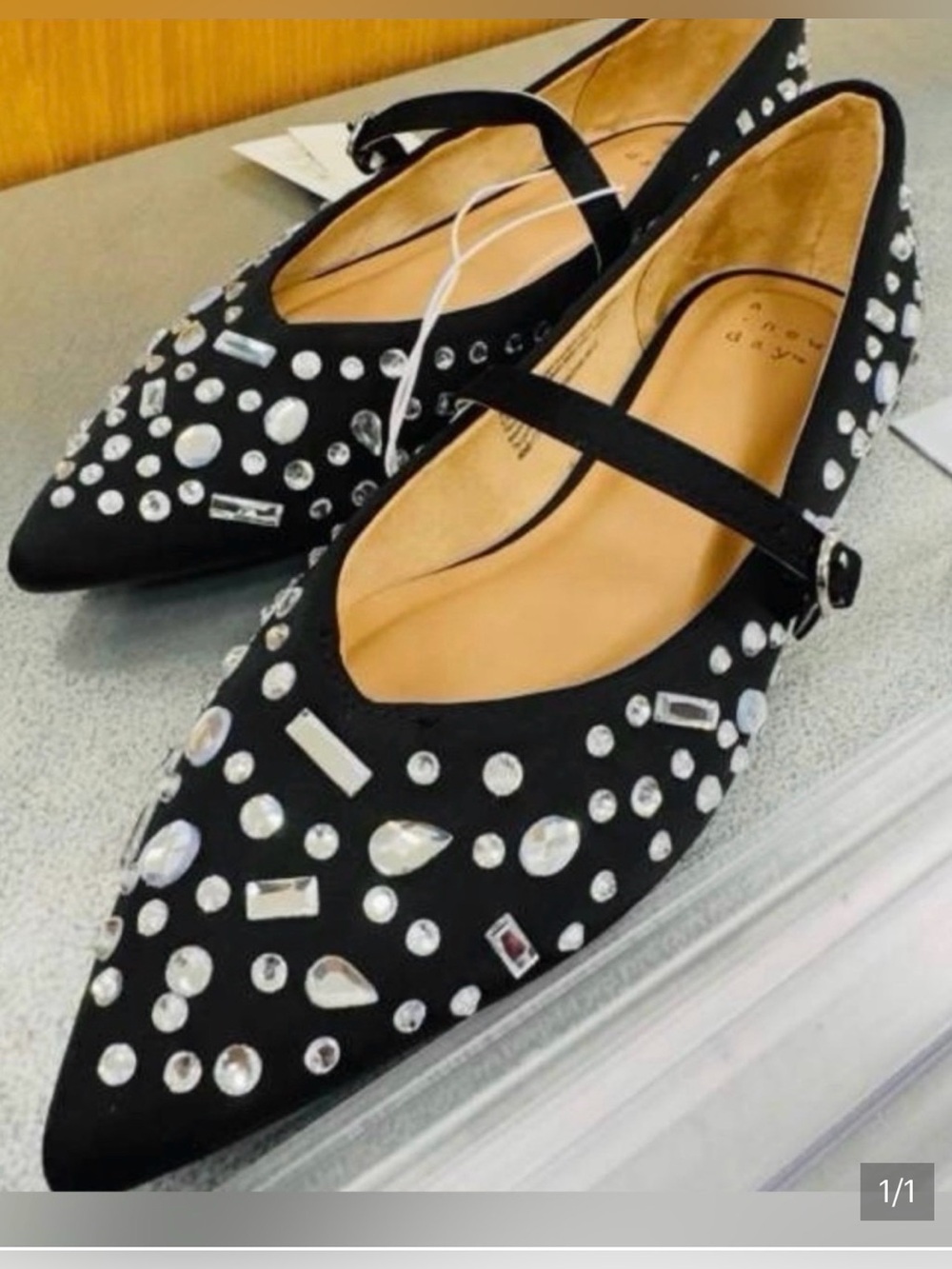 Black Jeweled Pointed-Toe Mary Jane Flats